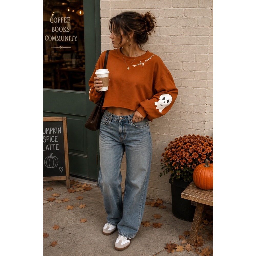 Spooky Season Cropped Sweatshirt Ghost Halloween Pumpkin Fall